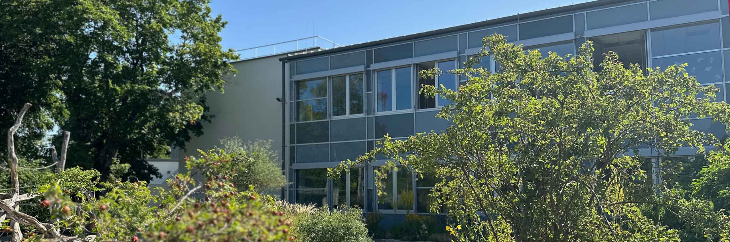 Außenansicht Frontseite der Ammerschule mit Garten